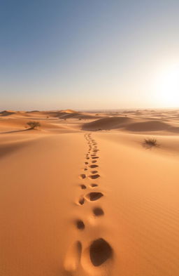 A vast desert landscape with soft, rolling dunes under a clear blue sky