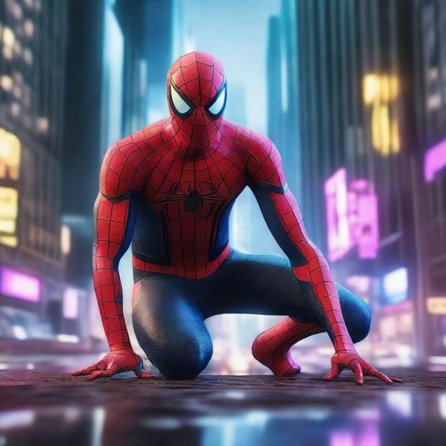 Generate an image of Spiderman in a futuristic cyberpunk setting, maneuvering effortlessly through neon-lit skyscrapers against a shimmering cityscape