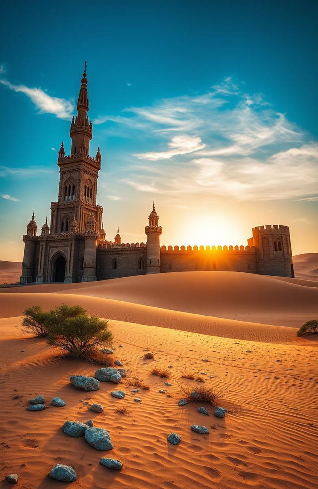 A majestic castle standing tall in the heart of a vast desert, surrounded by golden sand dunes and sparse desert vegetation