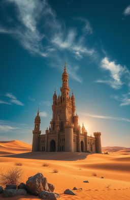 A majestic castle standing tall in the heart of a vast desert, surrounded by golden sand dunes and sparse desert vegetation