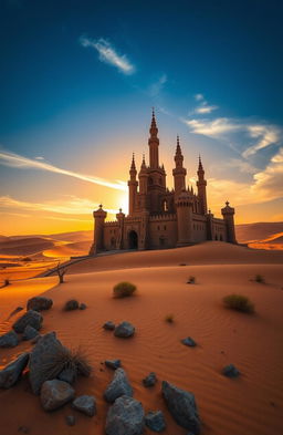 A majestic castle standing tall in the heart of a vast desert, surrounded by golden sand dunes and sparse desert vegetation
