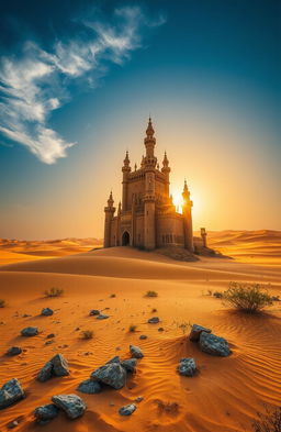 A majestic castle standing tall in the heart of a vast desert, surrounded by golden sand dunes and sparse desert vegetation