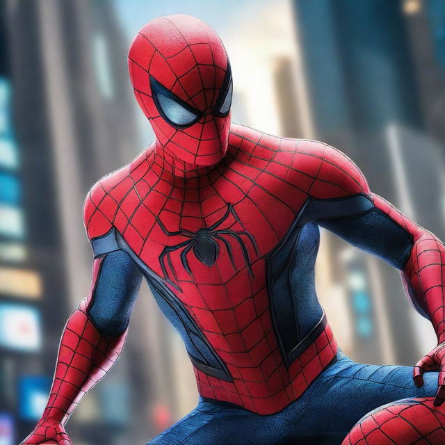 Generate an image of Spiderman as a sleek, cutting-edge robot, his red and blue metallic body glinting under the city lights as he vaults between skyscrapers