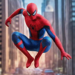 Generate an image of Spiderman as a sleek, cutting-edge robot, his red and blue metallic body glinting under the city lights as he vaults between skyscrapers