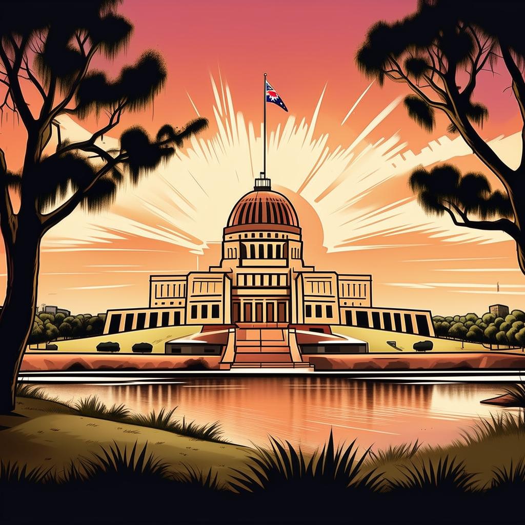 Conjure an image of the capital city Canberra, in a cartoon style, showcasing the Parliament House and the Australian War Memorial.