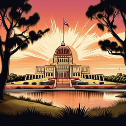 Conjure an image of the capital city Canberra, in a cartoon style, showcasing the Parliament House and the Australian War Memorial.