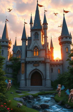 A beautifully designed castle, featuring intricate stonework and towering spires, surrounded by a lush green landscape
