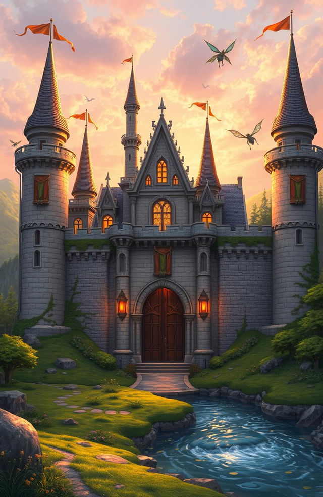 A beautifully designed castle, featuring intricate stonework and towering spires, surrounded by a lush green landscape