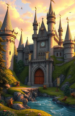 A beautifully designed castle, featuring intricate stonework and towering spires, surrounded by a lush green landscape