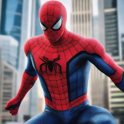 Generate an image of Spiderman as a sleek, cutting-edge robot, his red and blue metallic body glinting under the city lights as he vaults between skyscrapers