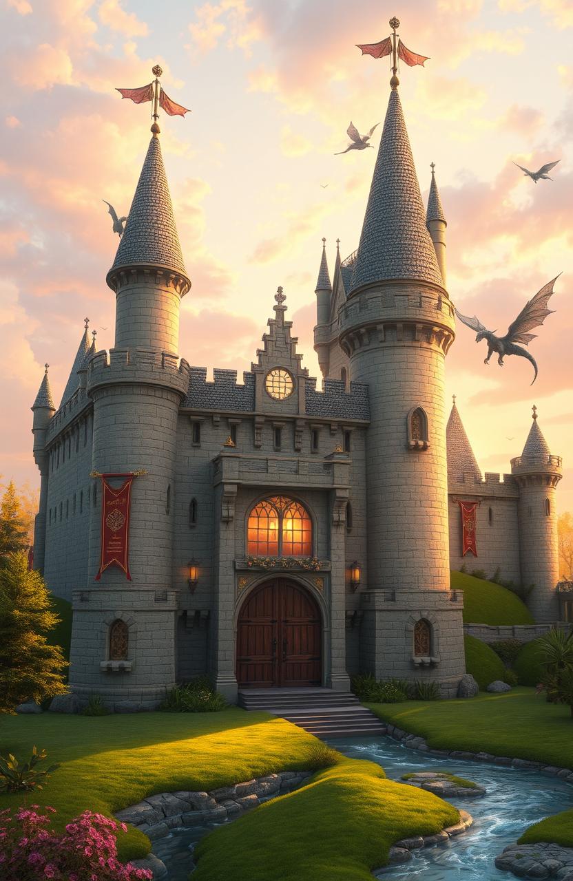 A beautifully designed castle, featuring intricate stonework and towering spires, surrounded by a lush green landscape