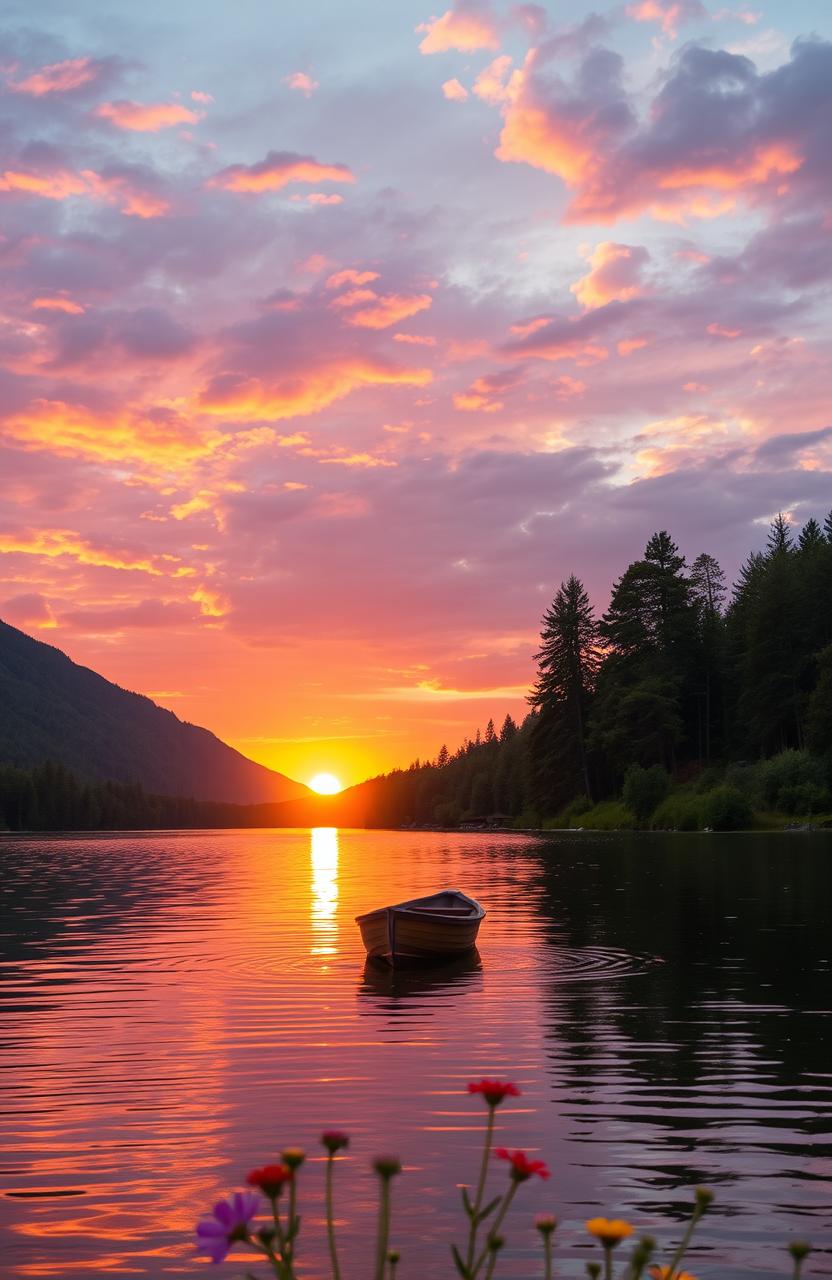 A serene landscape showcasing a beautiful sunset over a calm lake, surrounded by lush green hills and tall pine trees