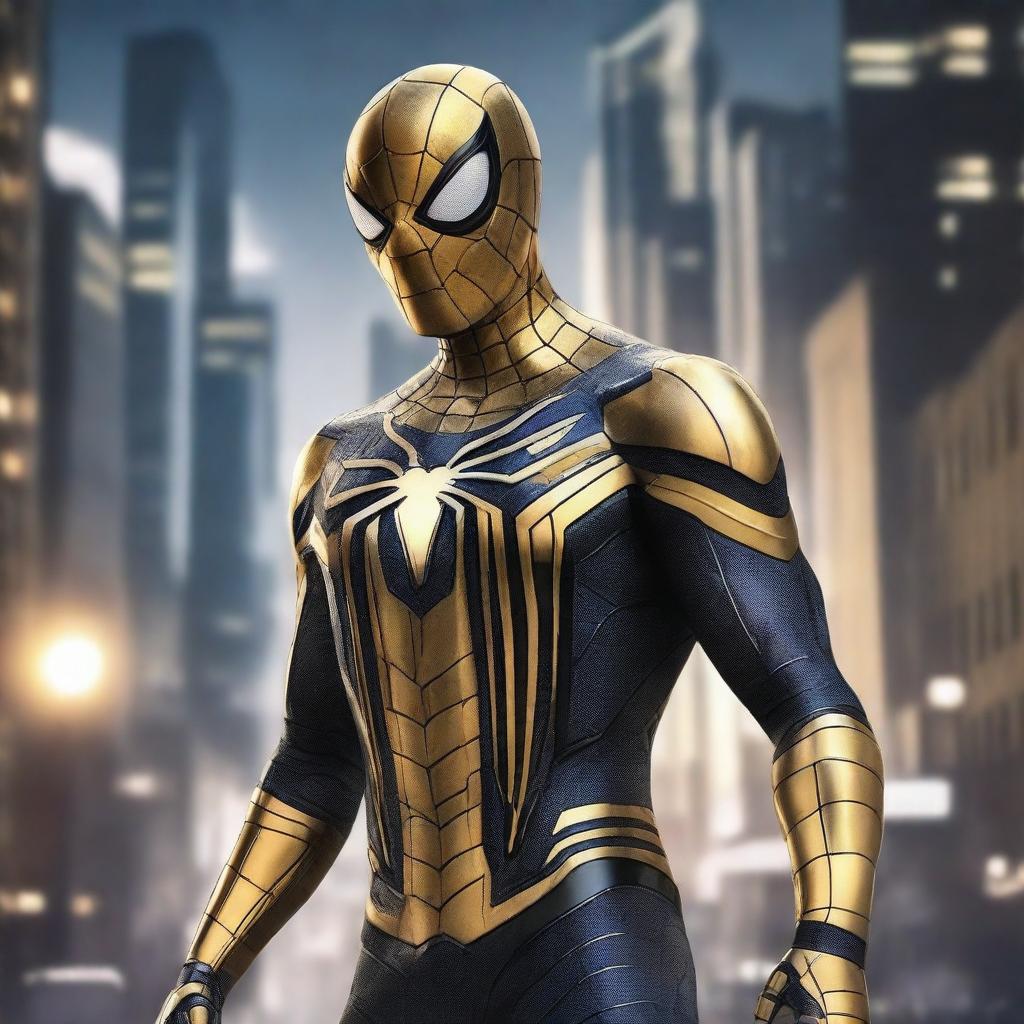 Generate an image of a robotic Spiderman in a striking black and gold suit, his gleaming armor reflecting the city lights as he ascends a tower under the star-sprinkled night sky