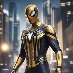 Generate an image of a robotic Spiderman in a striking black and gold suit, his gleaming armor reflecting the city lights as he ascends a tower under the star-sprinkled night sky