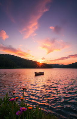 A serene landscape showcasing a beautiful sunset over a calm lake, surrounded by lush green hills and tall pine trees
