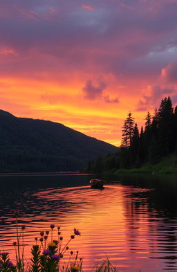 A serene landscape showcasing a beautiful sunset over a calm lake, surrounded by lush green hills and tall pine trees