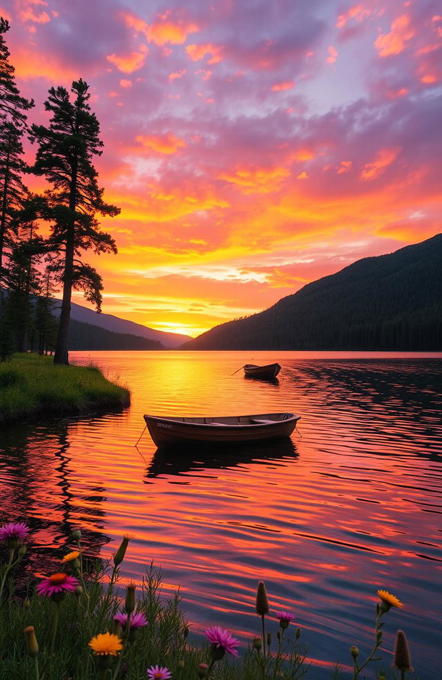 A serene landscape showcasing a beautiful sunset over a calm lake, surrounded by lush green hills and tall pine trees