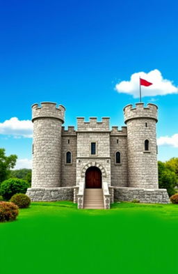 A small, simple castle ready for design, featuring classic medieval architecture with a stone facade, four corner towers, a drawbridge, and a moat