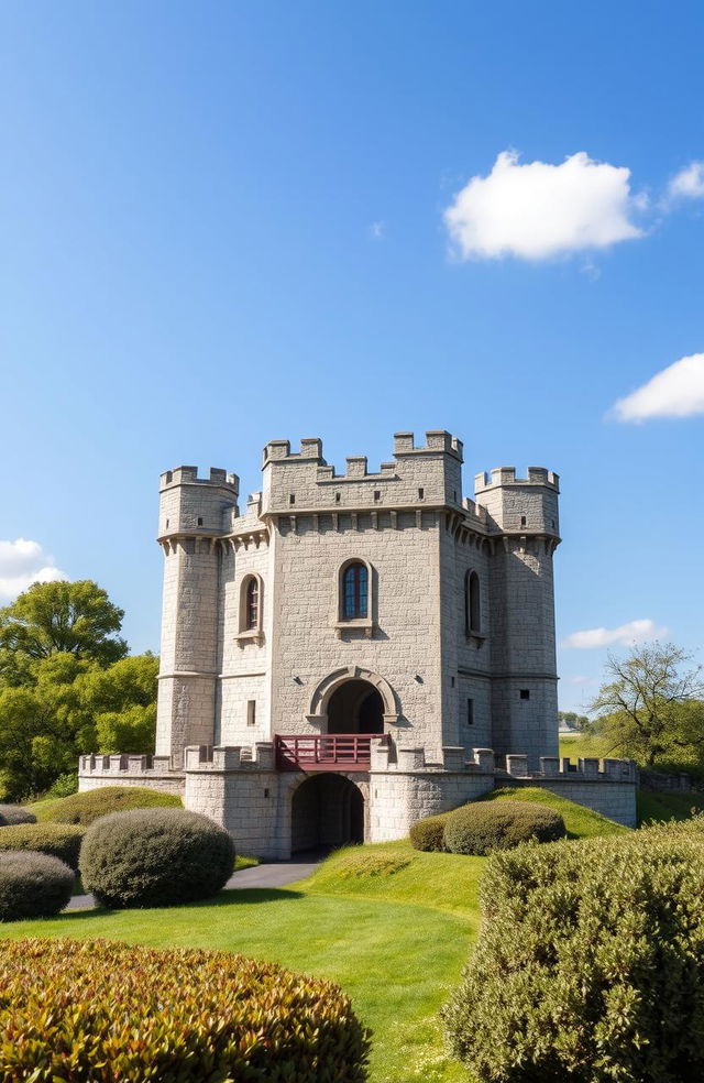 A small, simple castle ready for design, featuring classic medieval architecture with a stone facade, four corner towers, a drawbridge, and a moat