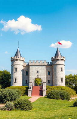 A small, simple castle ready for design, featuring classic medieval architecture with a stone facade, four corner towers, a drawbridge, and a moat
