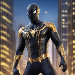 Generate an image of a robotic Spiderman in a striking black and gold suit, his gleaming armor reflecting the city lights as he ascends a tower under the star-sprinkled night sky