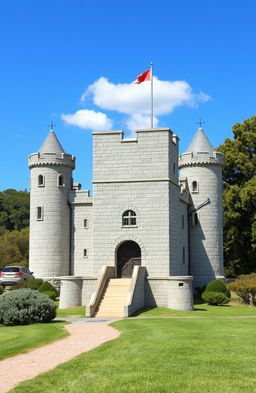 A small, simple castle ready for design, featuring classic medieval architecture with a stone facade, four corner towers, a drawbridge, and a moat
