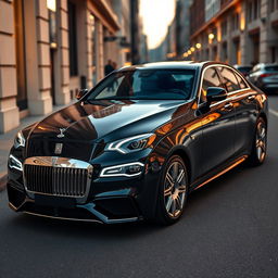 A stunning luxury car hybrid that beautifully combines the sleek, modern design of a 2018 Mercedes C220 with the opulent, grandeur of a 2023 Rolls Royce Phantom