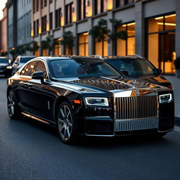 A stunning luxury car hybrid that beautifully combines the sleek, modern design of a 2018 Mercedes C220 with the opulent, grandeur of a 2023 Rolls Royce Phantom