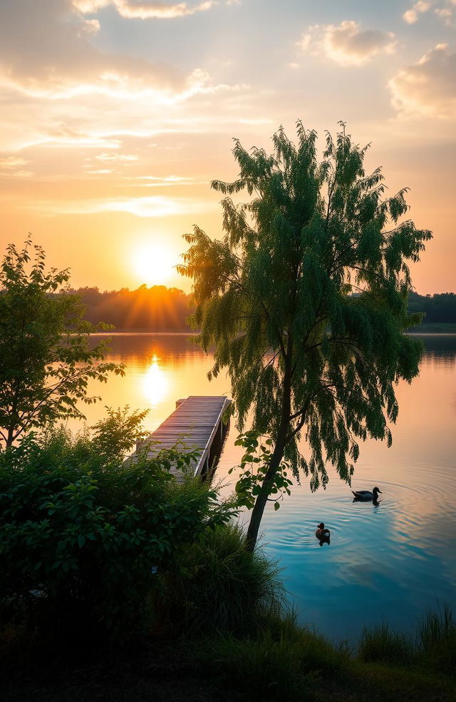 A serene scene capturing a tranquil moment in nature, featuring a peaceful lakeside during sunrise