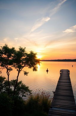 A serene scene capturing a tranquil moment in nature, featuring a peaceful lakeside during sunrise