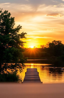 A serene scene capturing a tranquil moment in nature, featuring a peaceful lakeside during sunrise