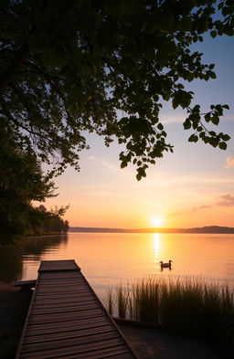 A serene scene capturing a tranquil moment in nature, featuring a peaceful lakeside during sunrise