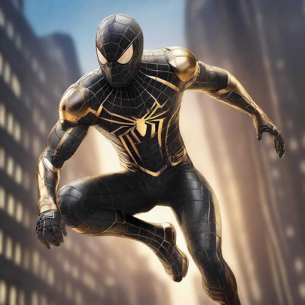 Generate an image of a robotic Spiderman in a striking black and gold suit, his gleaming armor reflecting the city lights as he ascends a tower under the star-sprinkled night sky