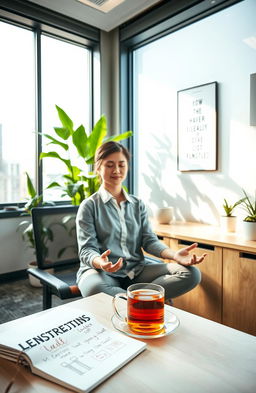 A serene office environment featuring a mindful employee sitting at a desk, practicing mindfulness through meditation