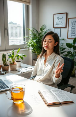 A serene office environment featuring a mindful employee sitting at a desk, practicing mindfulness through meditation