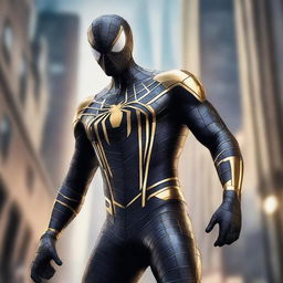 Generate an image of a robotic Spiderman in a striking black and gold suit, his gleaming armor reflecting the city lights as he ascends a tower under the star-sprinkled night sky