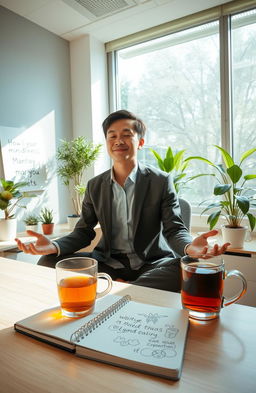 A serene office environment featuring a mindful employee sitting at a desk, practicing mindfulness through meditation