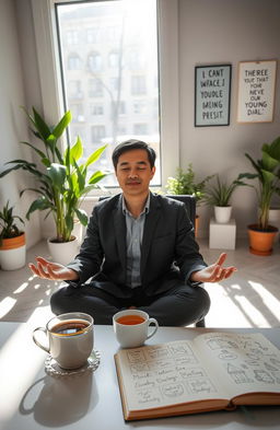 A serene office environment featuring a mindful employee sitting at a desk, practicing mindfulness through meditation