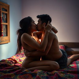 A sensual and intimate scene set in an Indian hostel room