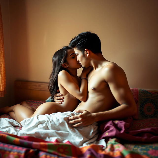 A sensual and intimate scene set in an Indian hostel room