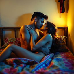 A sensual and intimate scene set in an Indian hostel room