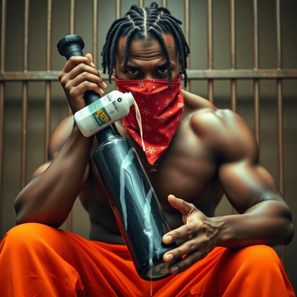 A close-up image of a muscular African American gang member sitting in a prison cell