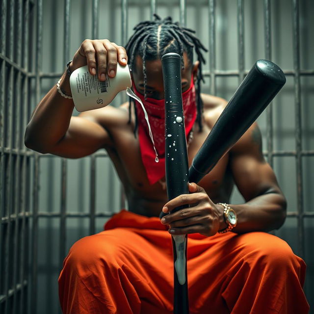 A close-up image of a muscular African American gang member sitting in a prison cell