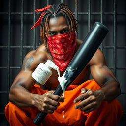 A close-up image of a muscular African American gang member sitting in a prison cell