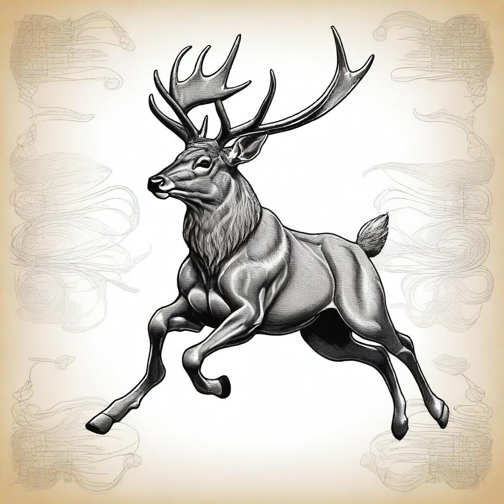 An illustration of a male deer with large antlers, gracefully galloping or leaping, rendered with linear detail and great intricacy