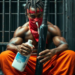 A close-up image of a muscular African American gang member sitting in a prison cell
