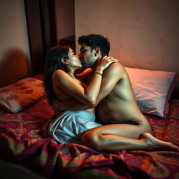 A sensual and intimate scene set in an Indian hostel room