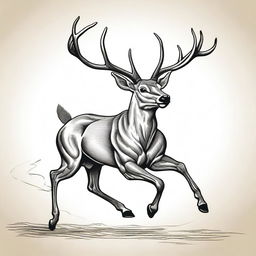 An illustration of a male deer with large antlers, gracefully galloping or leaping, rendered with linear detail and great intricacy