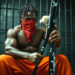 A close-up image of a muscular African American gang member sitting in a prison cell