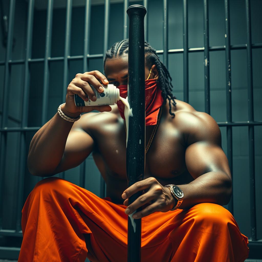 A close-up image of a muscular African American gang member sitting in a prison cell